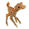 Cute Crystal Baby Fawn/ Young Deer Brooch In Gold Tone Metal - 48mm Tall