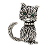 Small Vintage Inspired Kitten Brooch In Antique Silver Tone Metal - 32mm Tall