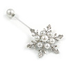 Silver Tone Clear Crystal White Glass Pearl Snowflake Hat, Suit, Tuxedo, Collar, Scarf, Coat Stick Brooch Pin - 85mm L