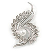 Clear Crystal Faux White Pearl Fancy Floral Brooch In Silver Tone - 67mm Tall