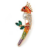 Multicoloured Enamel, Crystal Parrot Bird Brooch In Gold Tone Metal - 70mm Tall