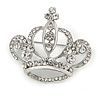 Clear Crystal Crown Brooch In Silver Tone - 40mm Across