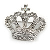 Clear Crystal Crown Brooch In Silver Tone - 35mm Across