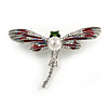 Red/ Grey Enamel Clear Crystal, Faux Pearl Dragonfly Brooch In Silver Tone Metal - 50mm Across