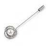 Silver Tone Clear Crystal White Faux Pearl Rose Flower Lapel, Hat, Suit, Tuxedo, Collar, Scarf, Coat Stick Brooch Pin - 70mm L