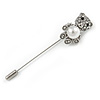 Silver Tone Clear Crystal, Faux Glass Pearl Bear Lapel, Hat, Suit, Tuxedo, Collar, Scarf, Coat Stick Brooch Pin - 60mm L