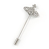 Silver Tone Clear Crystal Monarch Lapel, Hat, Suit, Tuxedo, Collar, Scarf, Coat Stick Brooch Pin - 60mm L