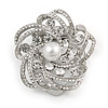 Diamante Faux Pearl Flower Scarf Pin/ Brooch In Silver Tone - 35mm D