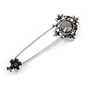 Victorian Style Grey Crystal Safety Pin Brooch In Aged Silver Tone Metal - 70mm Long