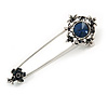 Victorian Style Midnight Blue Crystal Safety Pin Brooch In Aged Silver Tone Metal - 70mm Long