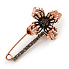 Large Vintage Inspired Dim Grey Crystal Flower Safety Pin Brooch In Copper Tone - 70mm Across