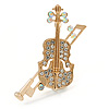 Clear Crystal Violin Musical Instrument Brooch In Gold Tone Metal - 45mm Tall