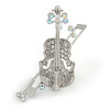 Clear Crystal Violin Musical Instrument Brooch In Silver Tone Metal - 45mm Tall