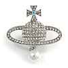 Silver Plated Clear Crystals Royal with Pearl Bead Brooch - 50mm Tall