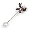 Small Amethyst/ Clear Crystal Butterfly with Pearl Bead Lapel, Hat, Suit, Tuxedo, Collar, Scarf, Coat Stick Brooch Pin in Silver Tone - 60mm L