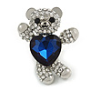 Little Teddy Bear Crystal Brooch In Silver Tone (Clear/ Dark Blue) - 40mm Tall