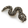 Small Grey/ Black Crystal Snake Brooch In Aged Gold Tone Metal - 40mm Long