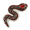 Small Red/ Black Crystal Snake Brooch In Aged Gold Tone Metal - 40mm Long