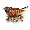 Brown/ Green/ Red Enamel, Crystal Robin/ Bullfinch Bird Brooch In Aged Gold Tone - 55mm Across