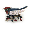 Red/ Blue/ White Enamel, Crystal Robin/ Bullfinch Bird Brooch In Silver Tone - 55mm Across