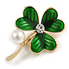 Green Enamel Clover Brooch In Gold Tone Metal - 45mm L