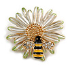 Crystal Bee and Flower Brooch In Gold Tone (Black/ Yellow/ White) - 35mm Diameter