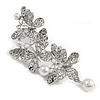 Clear Crystal, White Faux Pearl Triple Butterfly Brooch In Silver Tone - 55mm L