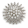 Bridal/ Prom/ Wedding Faux Pearl Crystal Corsage Brooch In Silver Tone - 50mm D