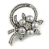 Vintage Inspired Floral Crystal Brooch In Aged Silver Tone (Grey/ Clear) - 50mm Across