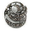 Vintage Inspired Hematite Crystal Twirl Oval Brooch In Aged Silver Tone - 50mm Long