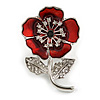 Red Enamel Clear Crystal Poppy Brooch In Silver Tone - 45mm Long