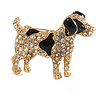 Clear Crystal with Black Enamel Spots Jack Russell Terrier Dog Brooch In Gold Tone Metal - 40mm Across