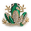 Funky Green Enamel Clear Crystal Frog Brooch In Gold Tone - 35mm Wide