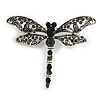 Vintage Inspired Grey Crystal Filigree Dragonfly Brooch with Dangling Tail In Silver Tone - 60mm Wide