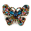Oversized Multicoloured Glass and Crystal Stone Butterfly Brooch In Aged Gold Tone - 90mm Wide