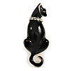 Black Enamel with Crystal Collar Cat Brooch In Gold Tone Metal - 43mm Long