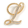 'L' Gold Plated Clear Crystal Letter L Alphabet Initial Brooch Personalised Jewellery Gift - 45mm Tall