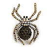 Vintage Inspired Black/ Clear/ Ab Crystal Spider Brooch In Aged Gold Tone Metal - 50mm Tall