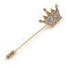Gold Tone Clear Crystal Crown Lapel, Hat, Suit, Tuxedo, Collar, Scarf, Coat Stick Brooch Pin - 60mm L
