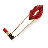 Large Crystal Lips and Lipstick Safety Pin Brooch In Gold Tone Metal - 70mm L