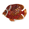 Statement Crystal Fish Brooch In Gold Tone (Red/ Burgundy/ Orange) - 47mm Across