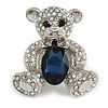 AB Crystal Dark Blue Glass Stone Teddy Bear Brooch/ Pendant In Silver Tone - 45mm Long