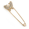 Clear Crystal Butterfly Safety Pin In Gold Tone - 80mm L