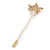 Gold Tone Clear Crystal White Pearl Mapel Leaf Lapel, Hat, Suit, Tuxedo, Collar, Scarf, Coat Stick Brooch Pin - 60mm L
