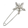 Large Clear Crystal Faux Pearl Flower Safety Pin Brooch In Silver Tone - 70mm Across