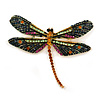 Statement Orange/ Green/ Fuchsia Crystal Dragonfly Brooch In Gold Tone - 60mm Across