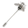 Silver Tone Clear Crystal Black Enamel Bee Lapel, Hat, Suit, Tuxedo, Collar, Scarf, Coat Stick Brooch Pin - 60mm L