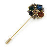 Vintage Gold Tone Multicoloured Crystal Cluster Lapel, Hat, Suit, Tuxedo, Collar, Scarf, Coat Stick Brooch Pin - 65mm L