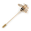 Gold Tone Clear Crystal Black Enamel Bee Lapel, Hat, Suit, Tuxedo, Collar, Scarf, Coat Stick Brooch Pin - 60mm L