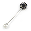 Silver Tone Dark Blue Crystal Flower Lapel, Hat, Suit, Tuxedo, Collar, Scarf, Coat Stick Brooch Pin - 65mm L